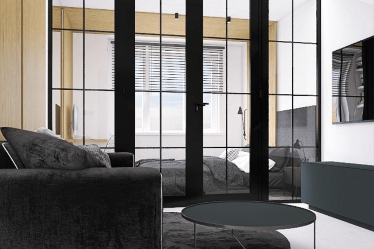 Nowoczesny salon z czarną sofą i szklanymi drzwiami – gotowy projekt wnętrza