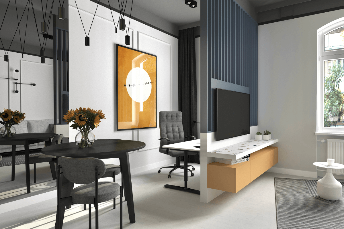 Wnętrze z biurkiem i oknem, styl dopamine decor, rośliny.
