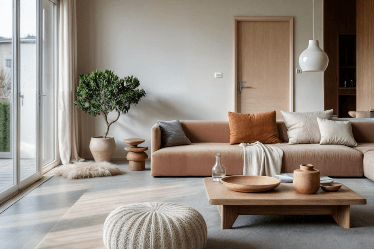 Wnętrze salonu z sofą w odcieniach brązu, drewnianym stolikiem, boho i minimalistycznym stylem.
