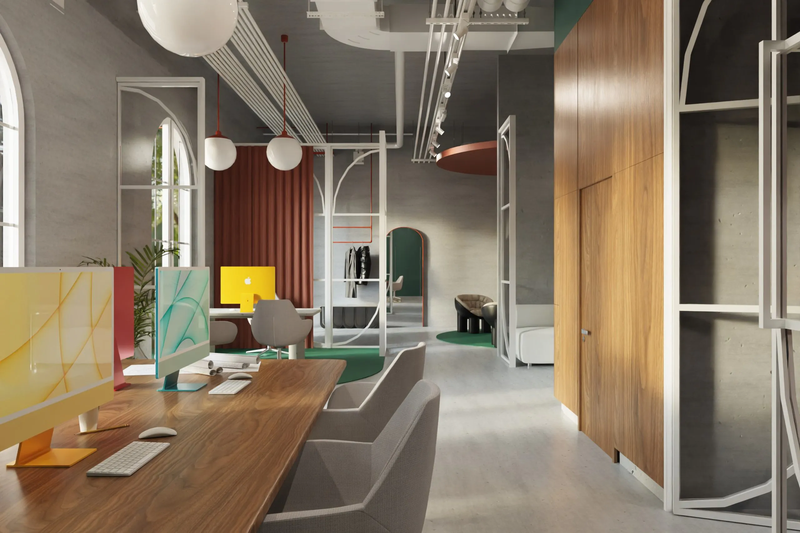 Wnętrze biura z drewnianym biurkiem, kolorowymi monitorami i minimalistycznym designem