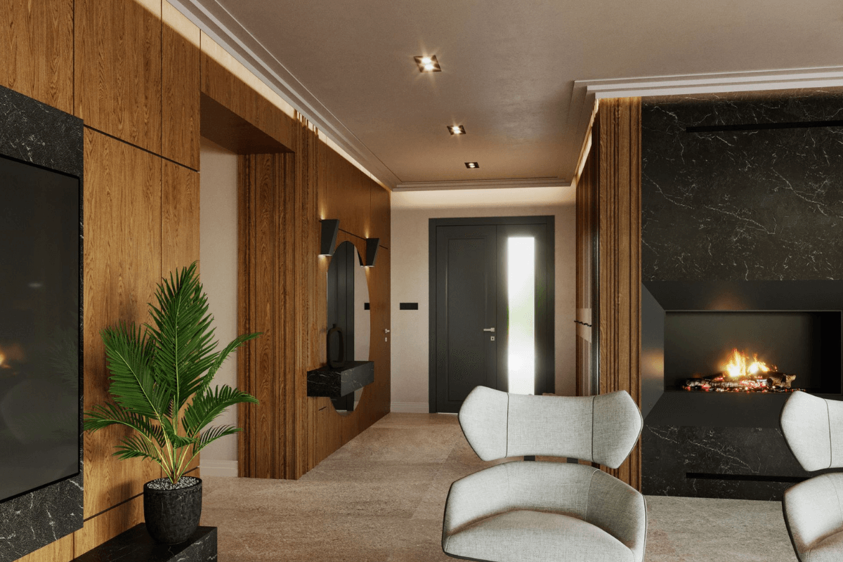 Wnętrze z kominkiem, drewnianymi ścianami i stylowymi meblami minimaluxe, nowoczesny, quiet luxury, współczesny.