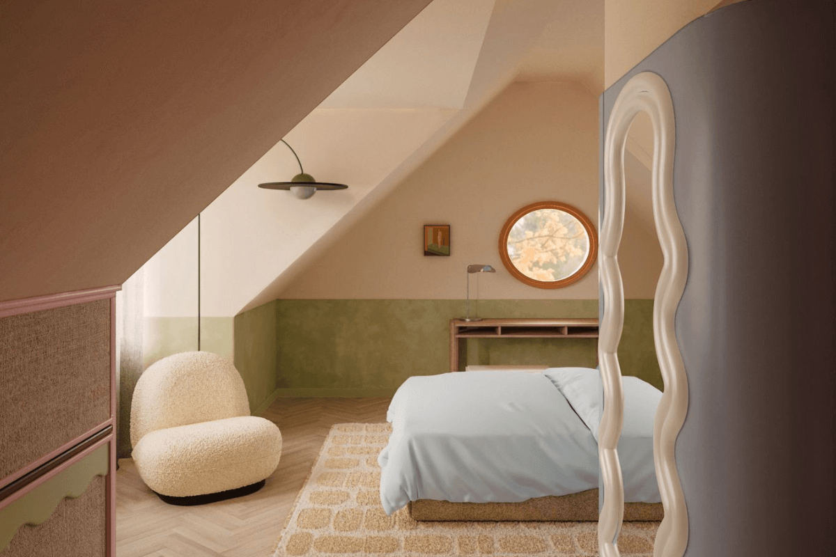 Wnętrze poddasza z minimalistycznym designem, zieloną ścianą, vintage meblami i oświetleniem.