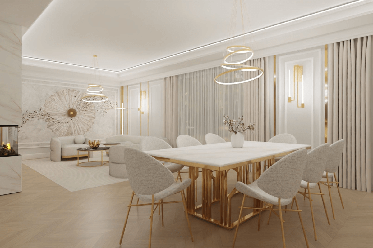 Wnętrze jadalni glamour z białym stołem i złotymi detalami