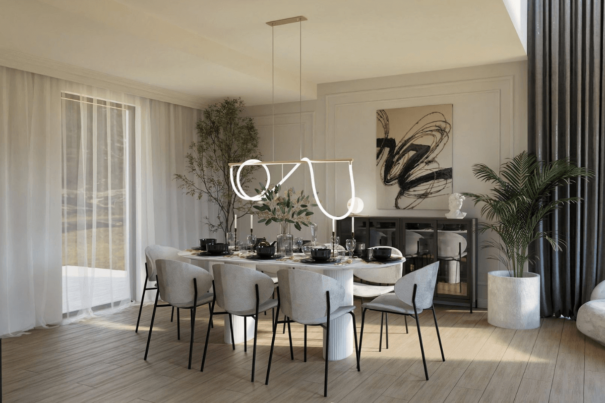 Nowoczesna jadalnia z designerskim żyrandolem, dużym stołem jadalnianym, eleganckimi krzesłami, roślinami w doniczkach oraz dużymi oknami wpuszczającymi naturalne światło