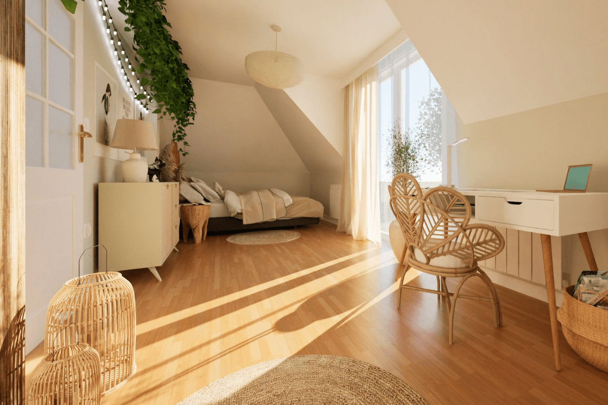 Wnętrze poddasza w stylu boho z naturalnym światłem