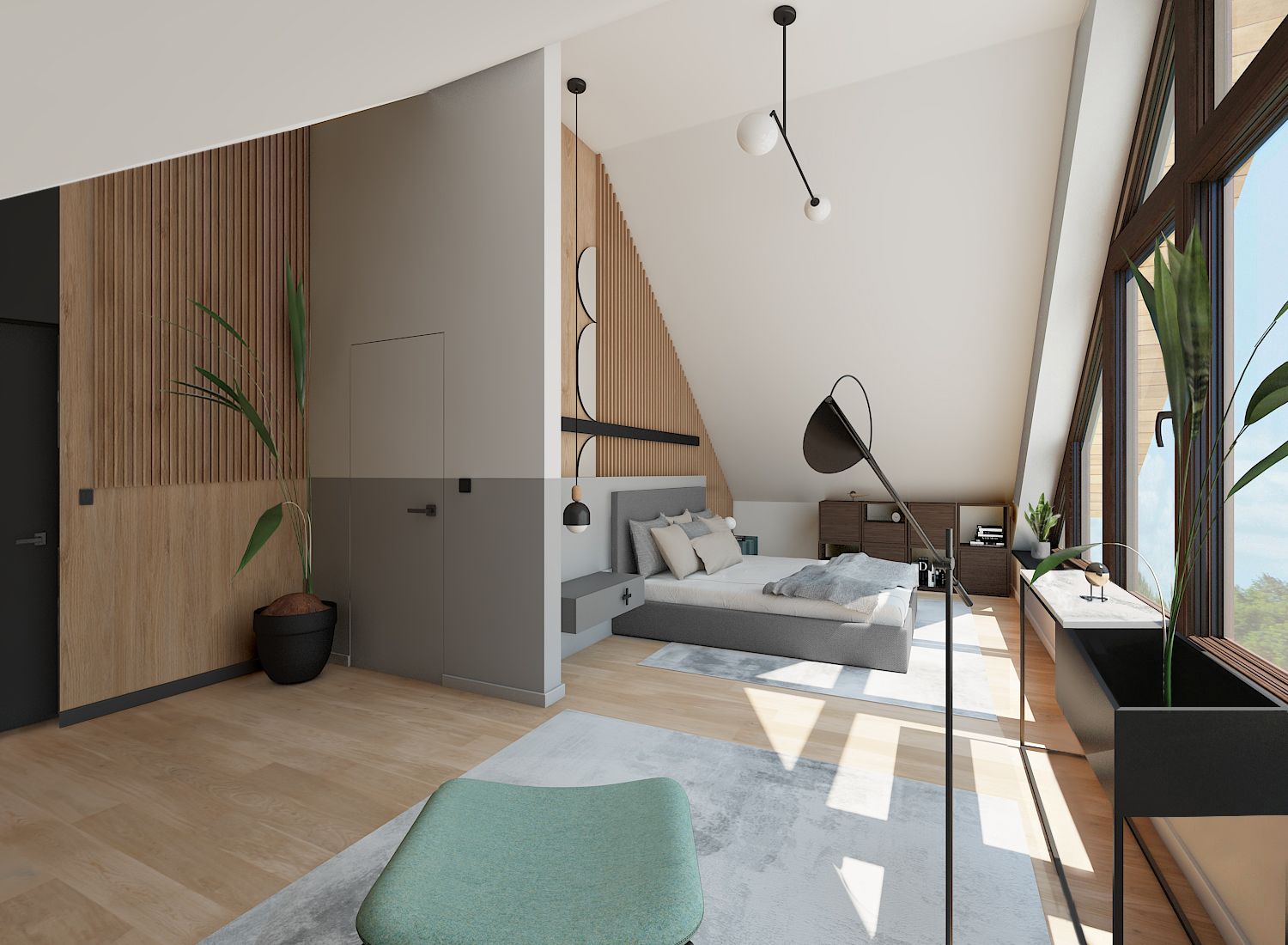 Wnętrze sypialni w stylu boho i minimalistycznym z drewnem i nowoczesnym oświetleniem.