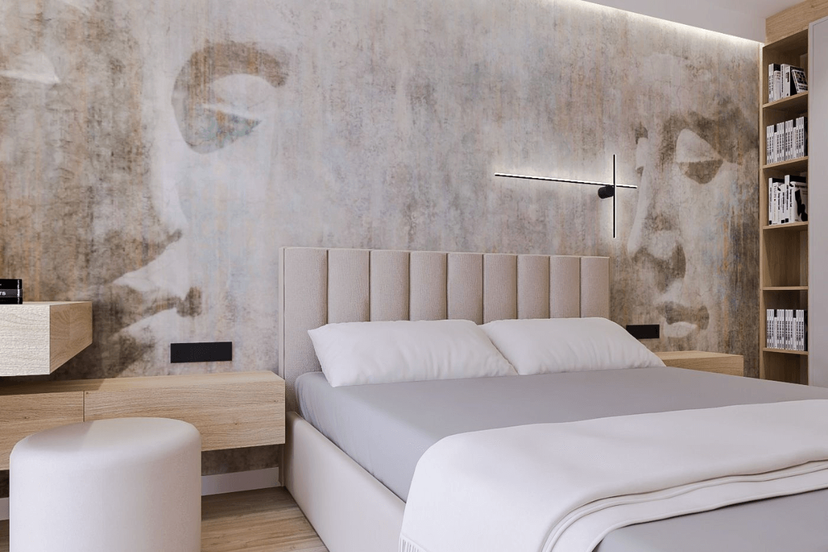 Wnętrze sypialni w stylu japandi z nowoczesnymi elementami quiet luxury.