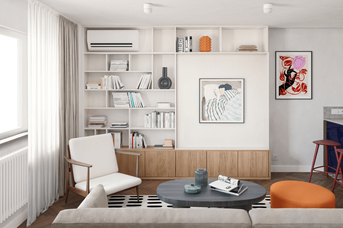 Wnętrze salonu z art deco, minimalistycznym i vintage designem oraz białymi meblami.