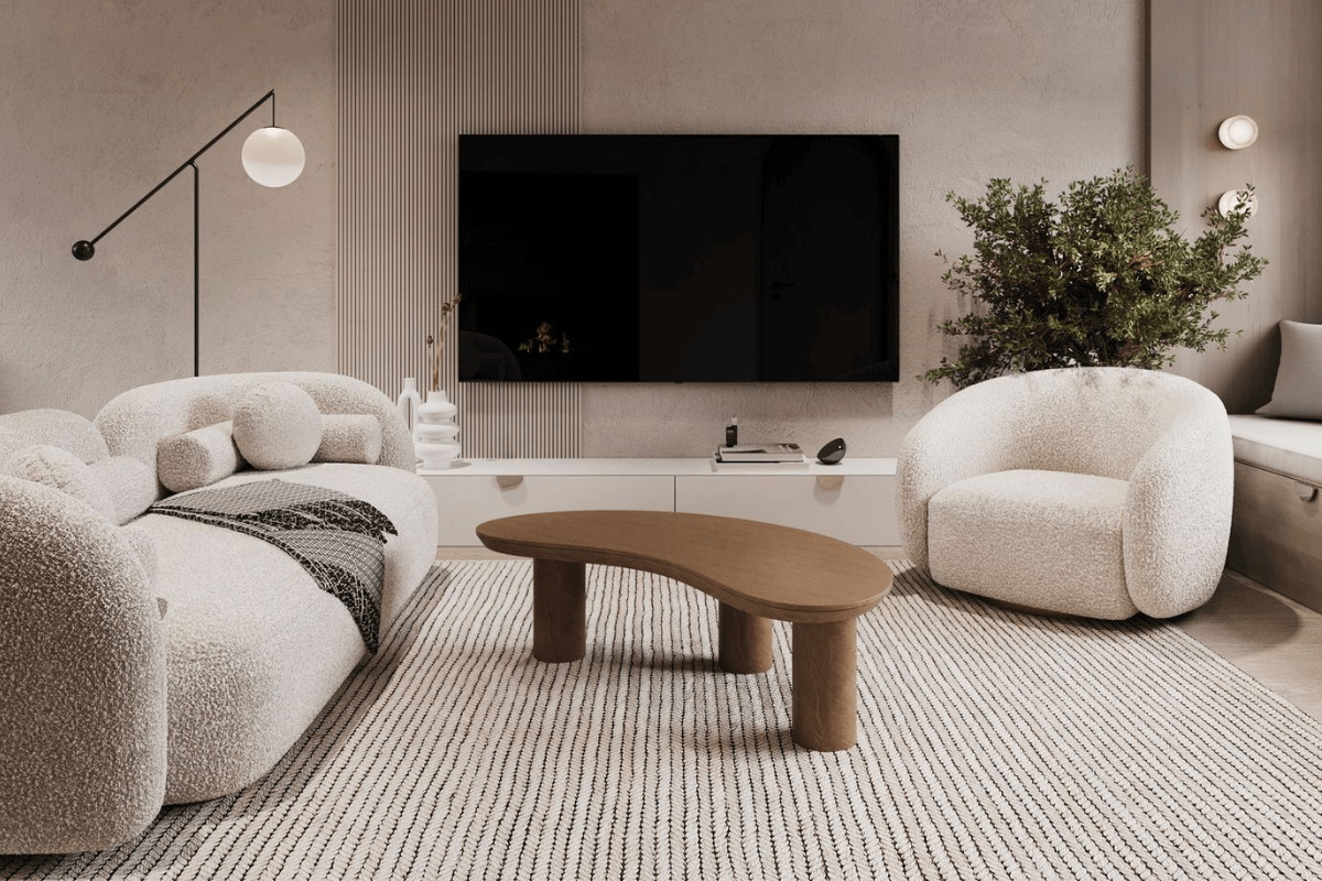 Wnętrze salonu w stylu boho z minimalistycznymi meblami i nowoczesnymi akcentami.