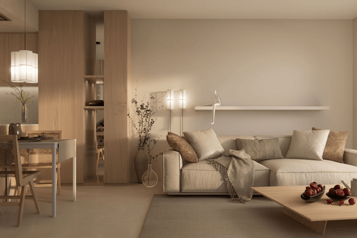 Wnętrze salonu w stylu japandi, minimalistycznym i soft minimalizm z jasnymi meblami.