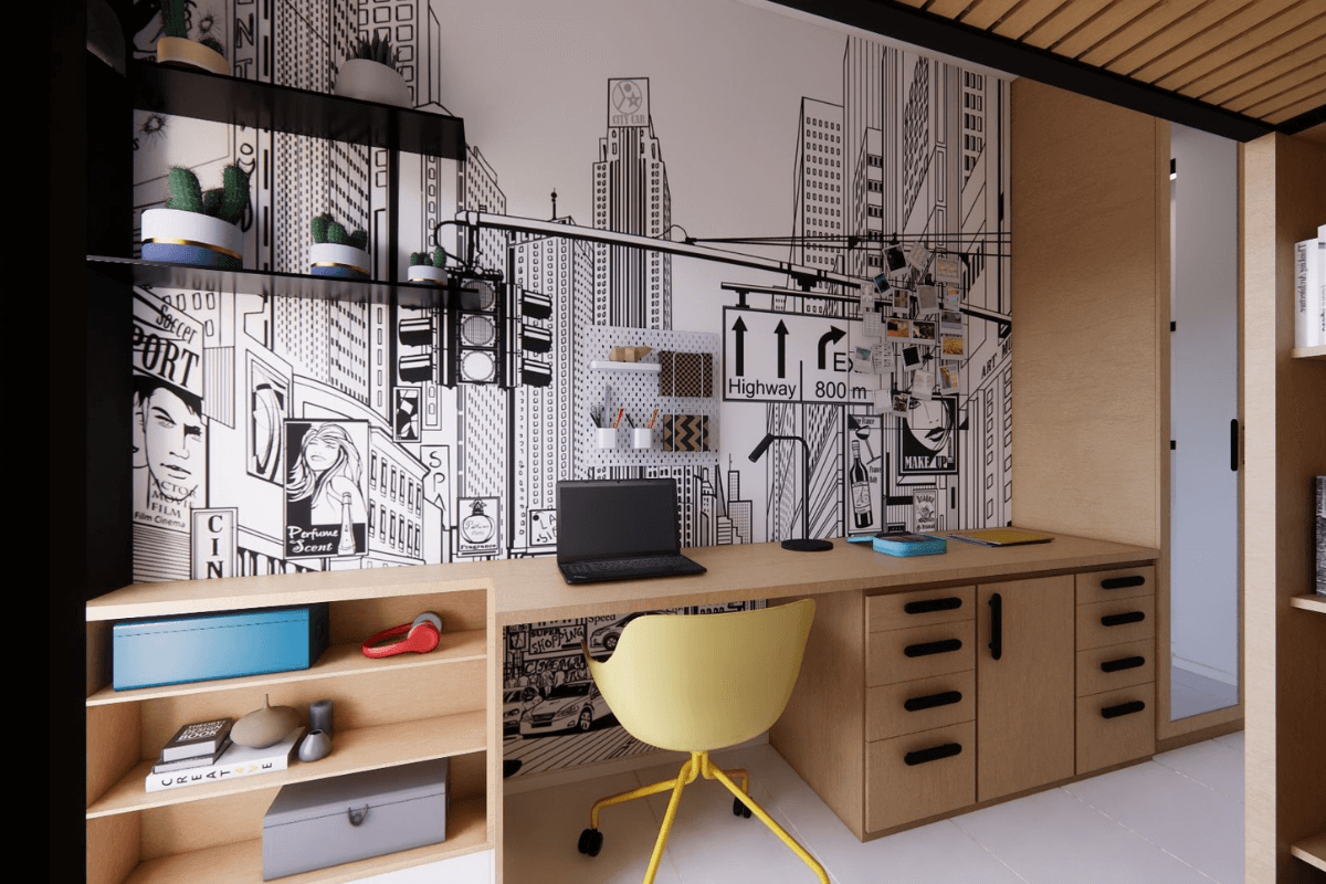 Gabinet z minimalistycznym biurkiem i industrialną tapetą.