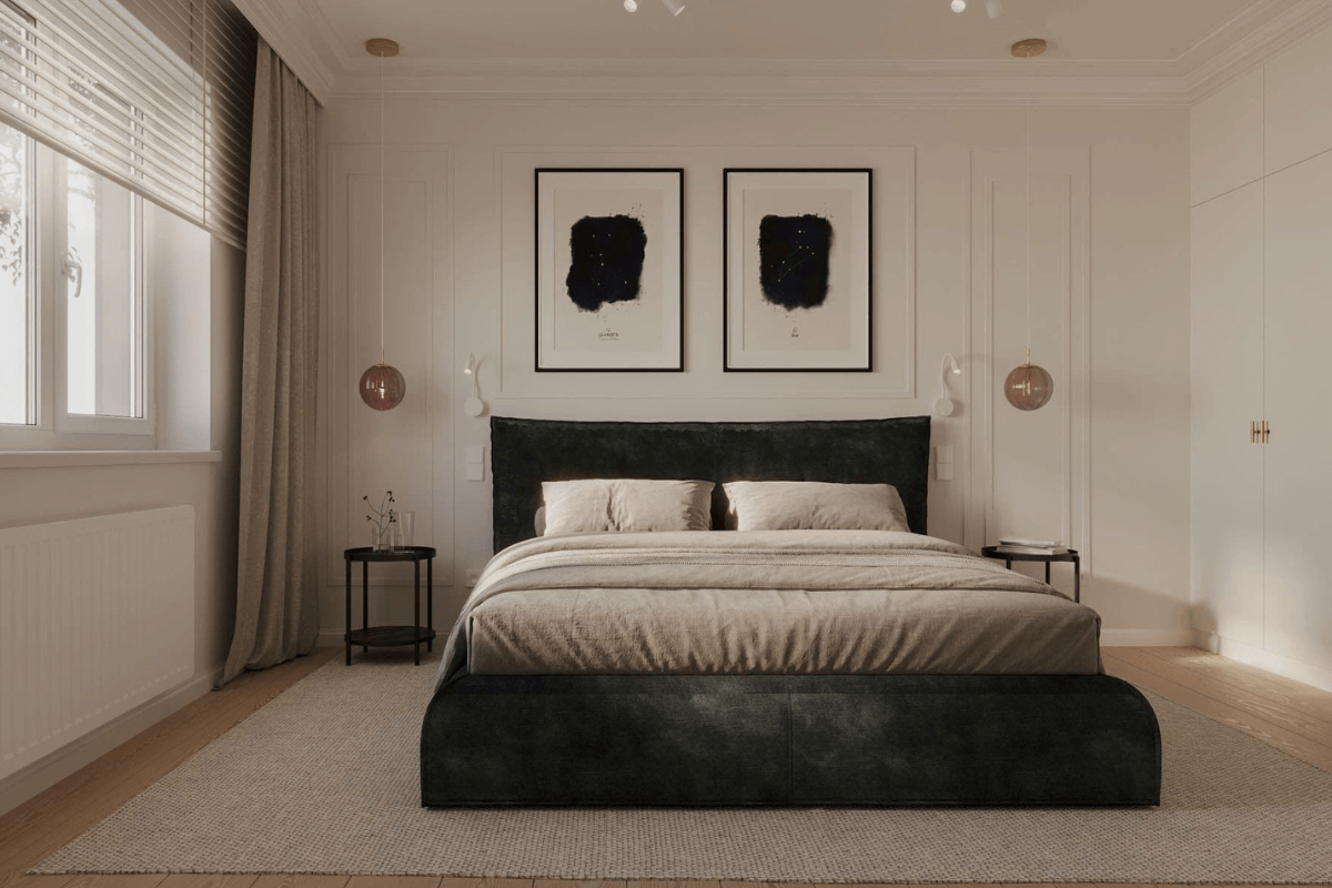 Nowoczesna sypialnia z zielonym łóżkiem, nowoczesnymi obrazami oraz elementami quiet luxury.