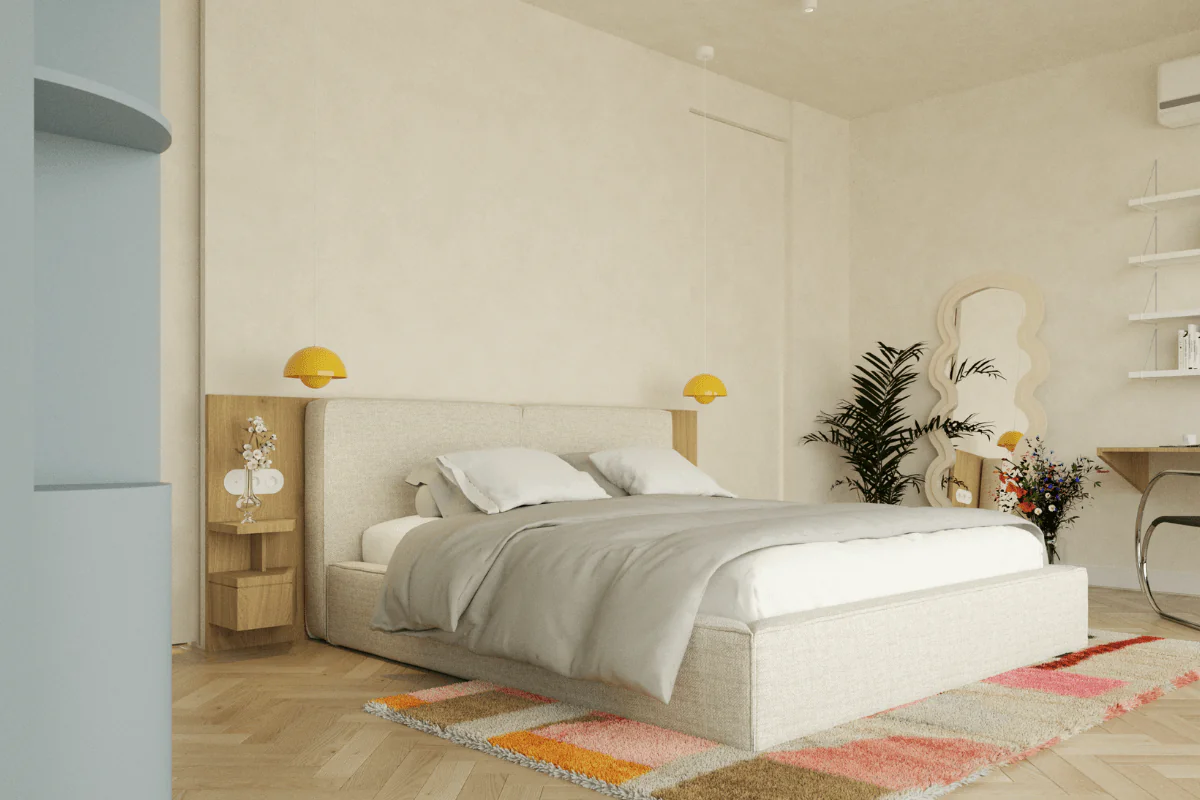 Wnętrze sypialni z łóżkiem, żółtymi lampami i roślinami, styl art deco, minimalistyczny, vintage.