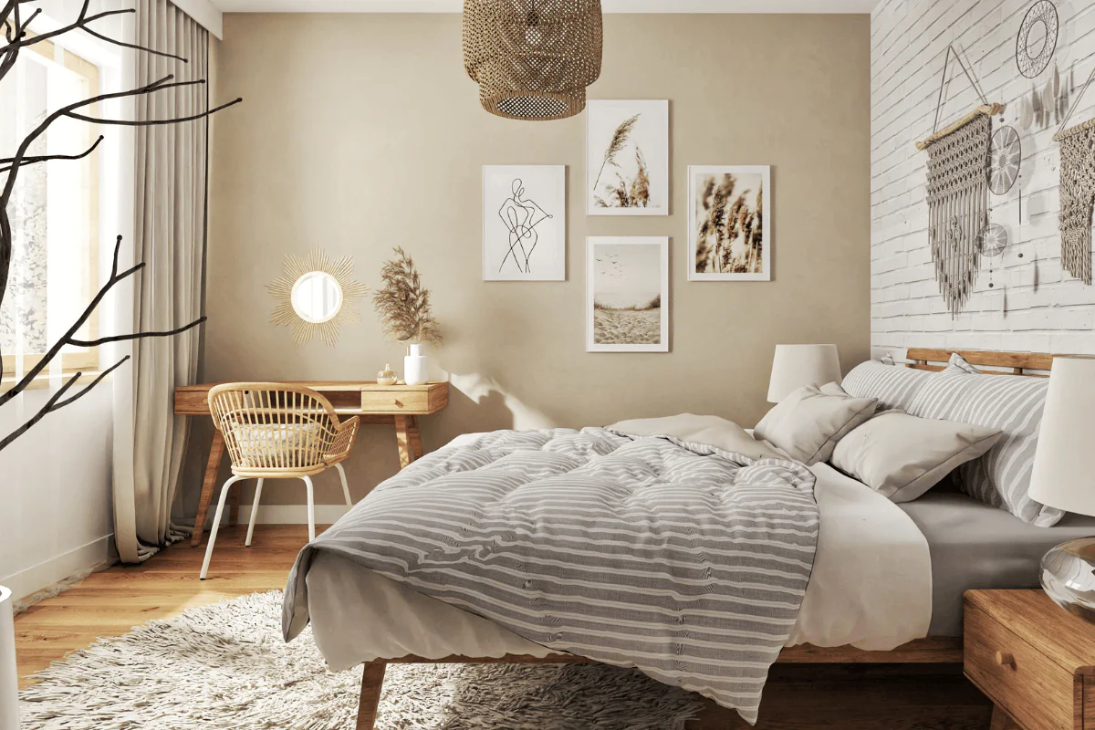 Wnętrze sypialni w stylu boho, eklektycznym i rustykalnym z drewnianymi elementami.