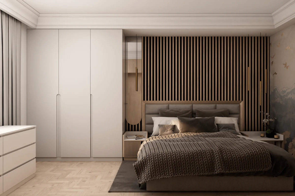 Wnętrze sypialni z białymi meblami i drewnianą dekoracją na ścianie, nowoczesny styl.