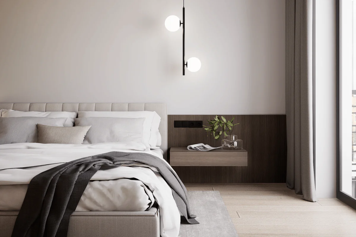 Wnętrze sypialni z minimalistycznym designem, nowoczesnymi akcentami i prowansalskimi detalami.