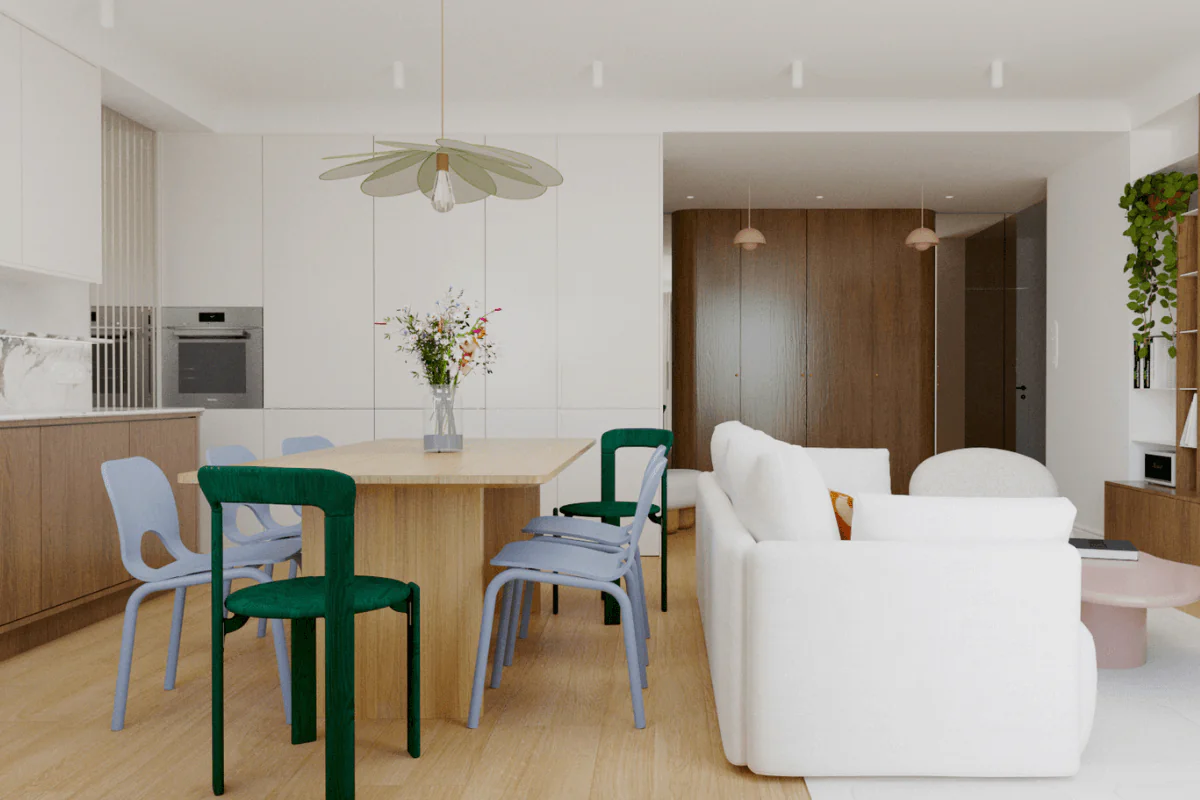 Salon ze stołem w stylu art deco i vintage z drewnianym stołem i kolorowymi krzesłami.