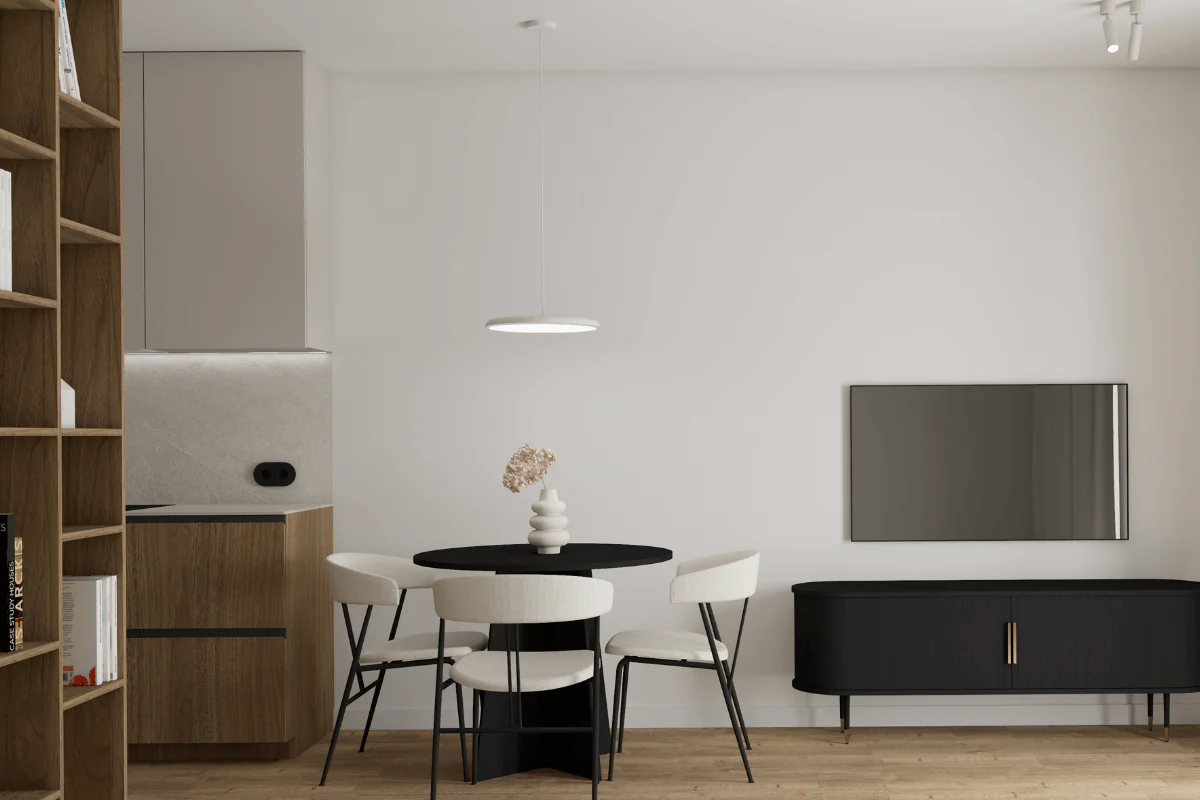 Wnętrze jadalni w stylu eklektycznym, japandi, minimalistycznym, soft minimalizm.