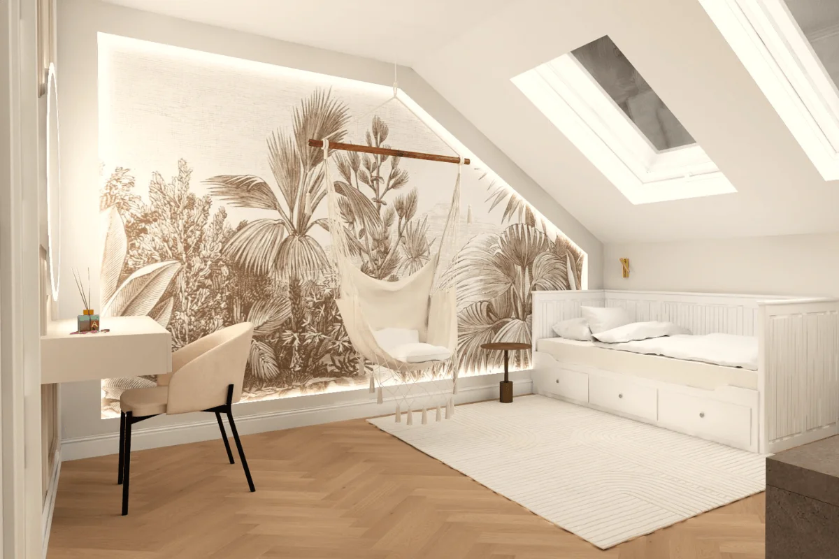 Wnętrze poddasza z białym łóżkiem, huśtawką i roślinną tapetą.