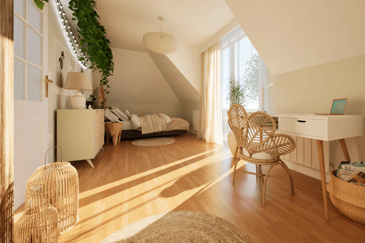 Wnętrze poddasza w stylu boho z naturalnym światłem