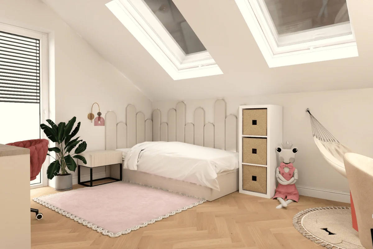 Pokój na poddaszu z jasnym łóżkiem, różowym dywanem i rośliną