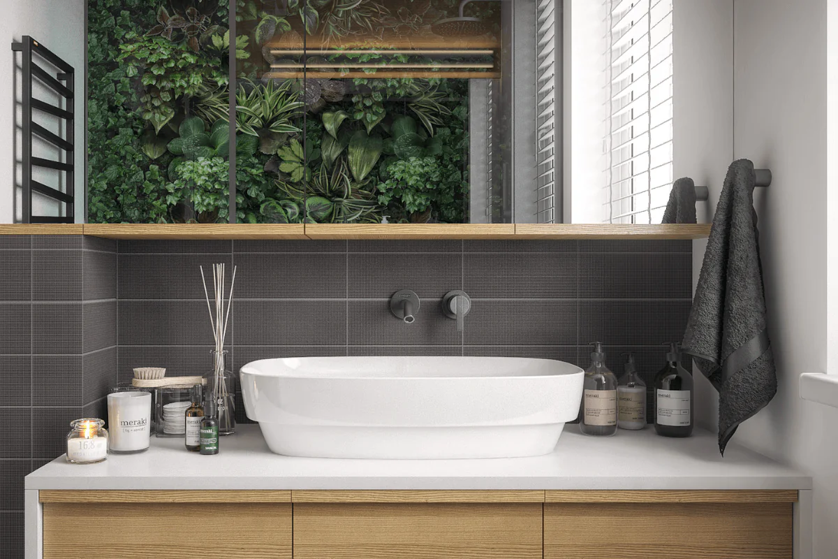 Nowoczesna łazienka z białą umywalką, szarymi kaflami i roślinami.