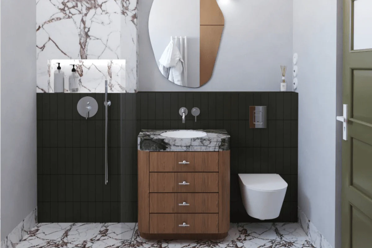 Eklektyczna łazienka z elementami vintage i soft minimalizmu, z marmurową umywalką.