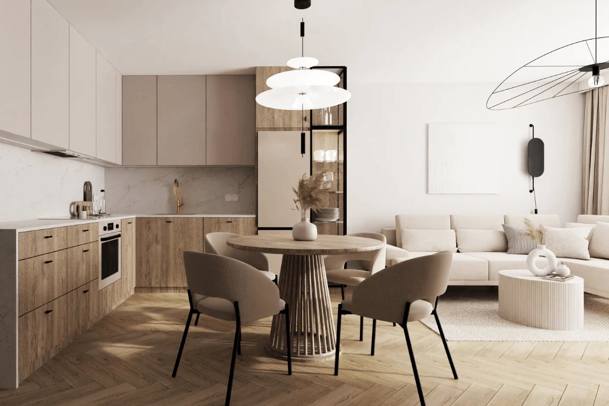 Wnętrze kuchni w stylu glamour, japandi i minimalistycznym z drewnem i jasnymi akcentami.