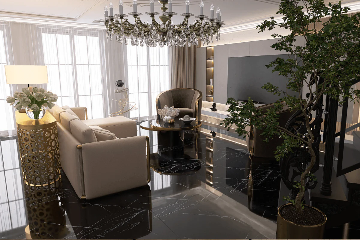 Wnętrze salonu w stylu art deco z luksusowymi meblami i eleganckim oświetleniem.