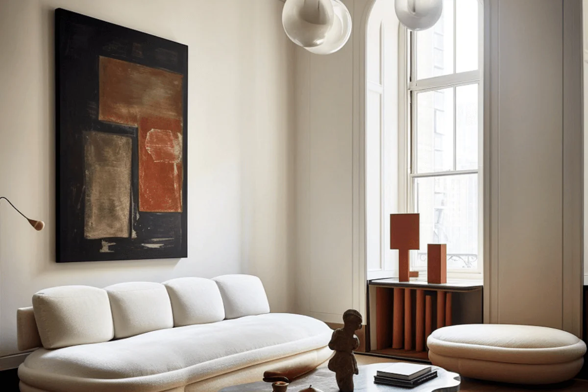 Wnętrze salonu z jasną sofą, stołem artystycznym oraz nowoczesnym obrazem, industrialny, minimalistyczny.