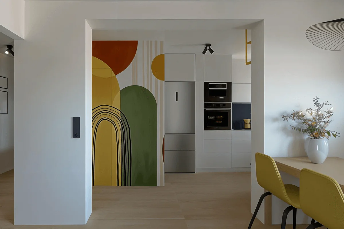 Kuchnia z zieloną ścianą i nowoczesnymi meblami w stylu dopamine decor.