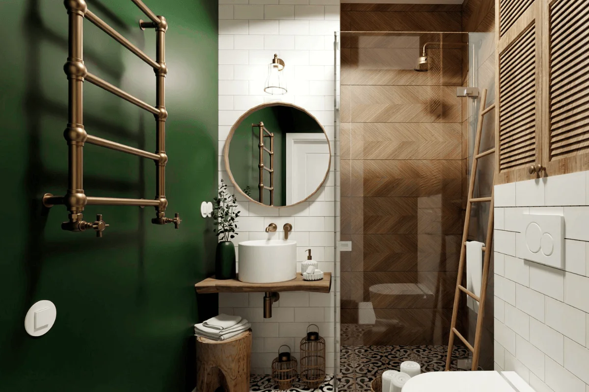 Łazienka w stylu boho i rustykalnym z zielonymi akcentami.