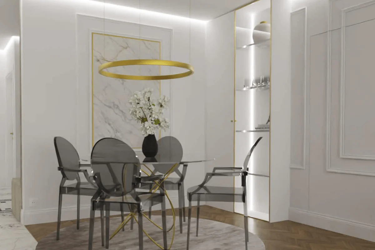 Jadalnia w stylu glamour z okrągłym stołem i przezroczystymi krzesłami.
