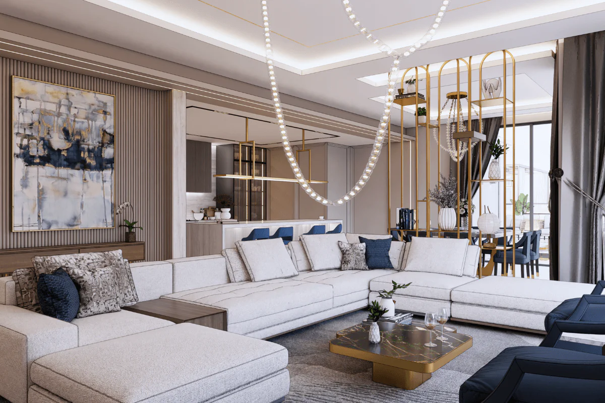 Wnętrze salonu w stylu glamour z nowoczesnym oświetleniem, wygodną sofą i eleganckim stołem.