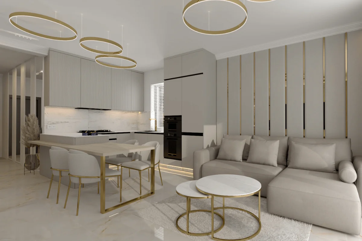 Wnętrze kuchni z meblami w stylu art deco i glamour, jasne kolory.
