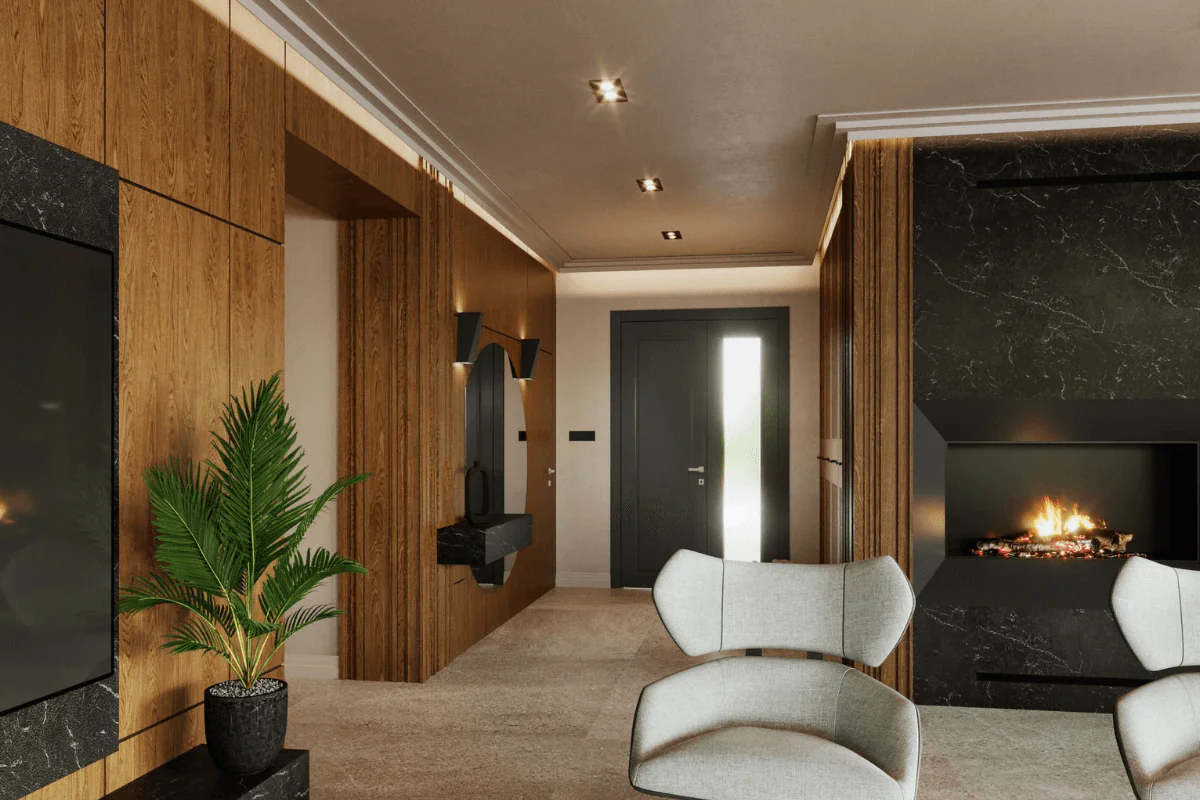 Wnętrze z kominkiem, drewnianymi ścianami i stylowymi meblami minimaluxe, nowoczesny, quiet luxury, współczesny.