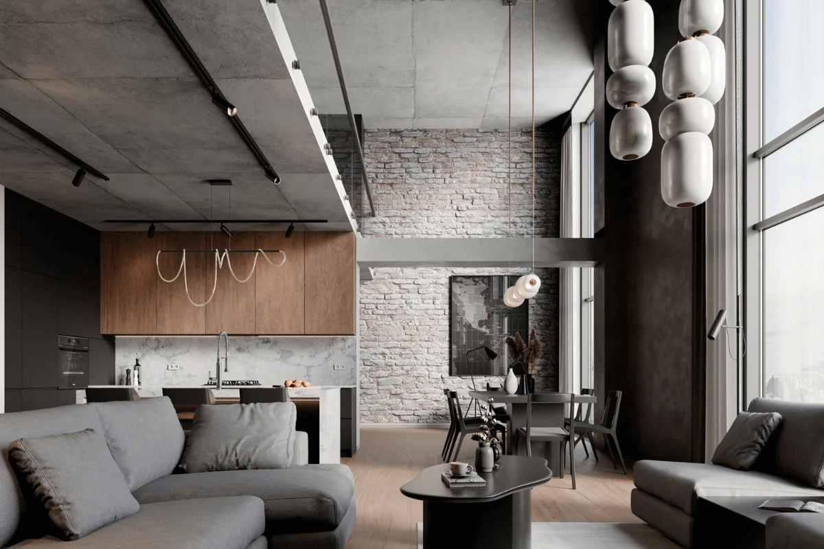 wnętrze kamienicy w stylu industrialnym z wysokimi oknami i ciemnymi meblami