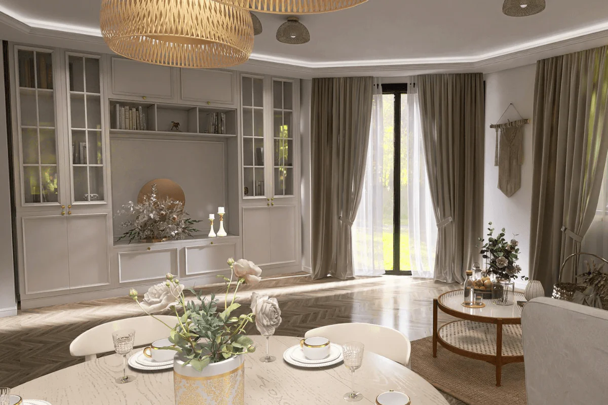 Wnętrze salonu w stylu prowansalskim z jasnymi meblami i vintage akcentami.