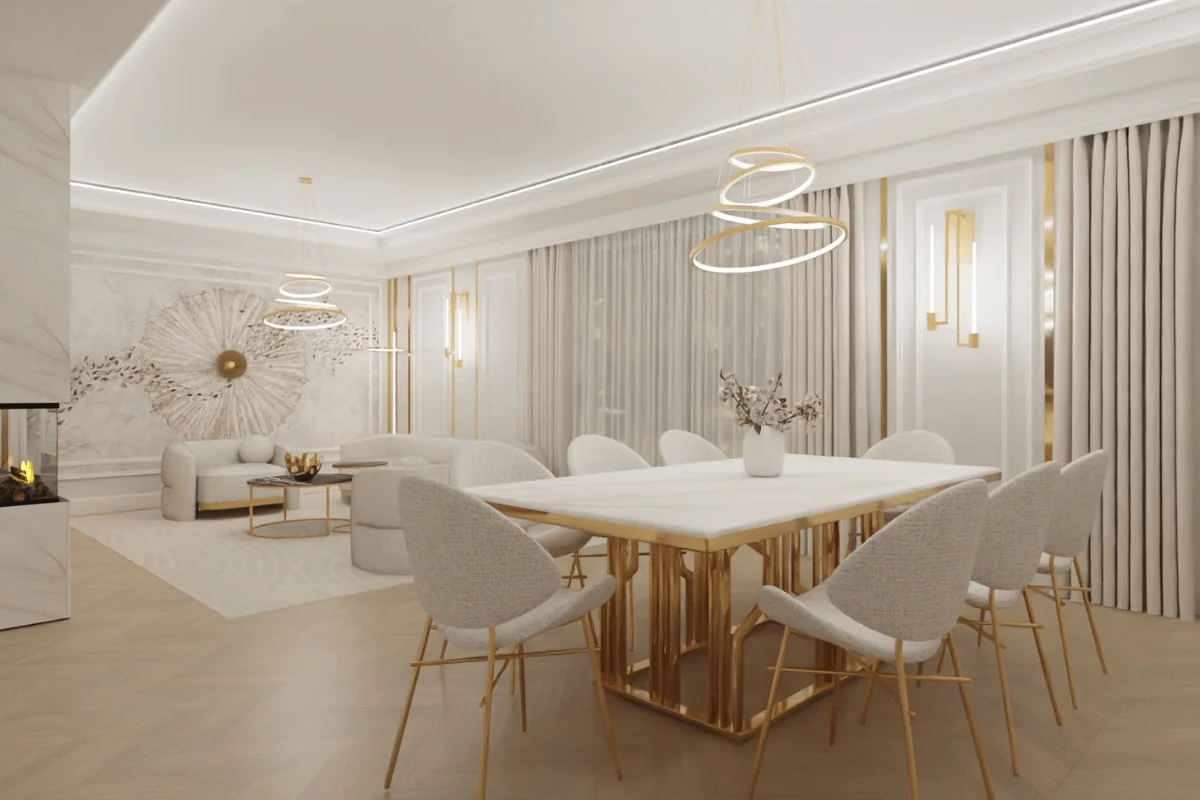 Wnętrze jadalni glamour z białym stołem i złotymi detalami