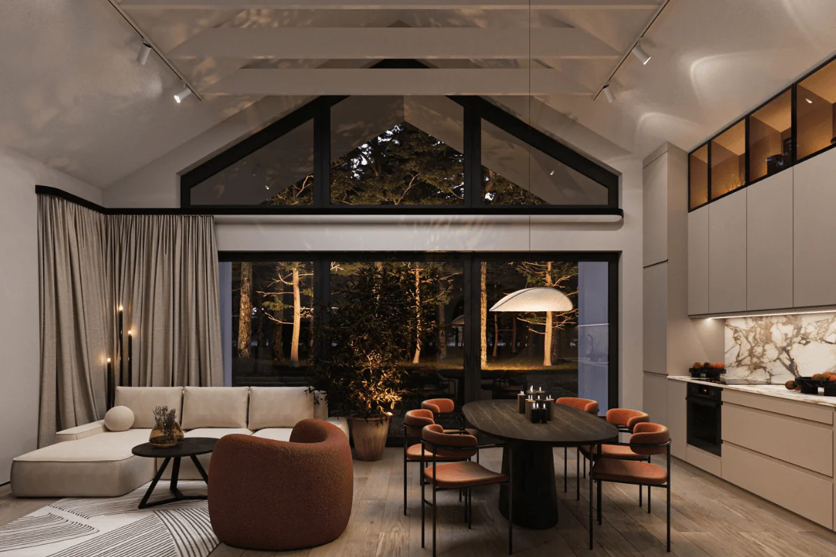 Wnętrze z dużymi oknami, jasnymi meblami i minimalistycznym stylem