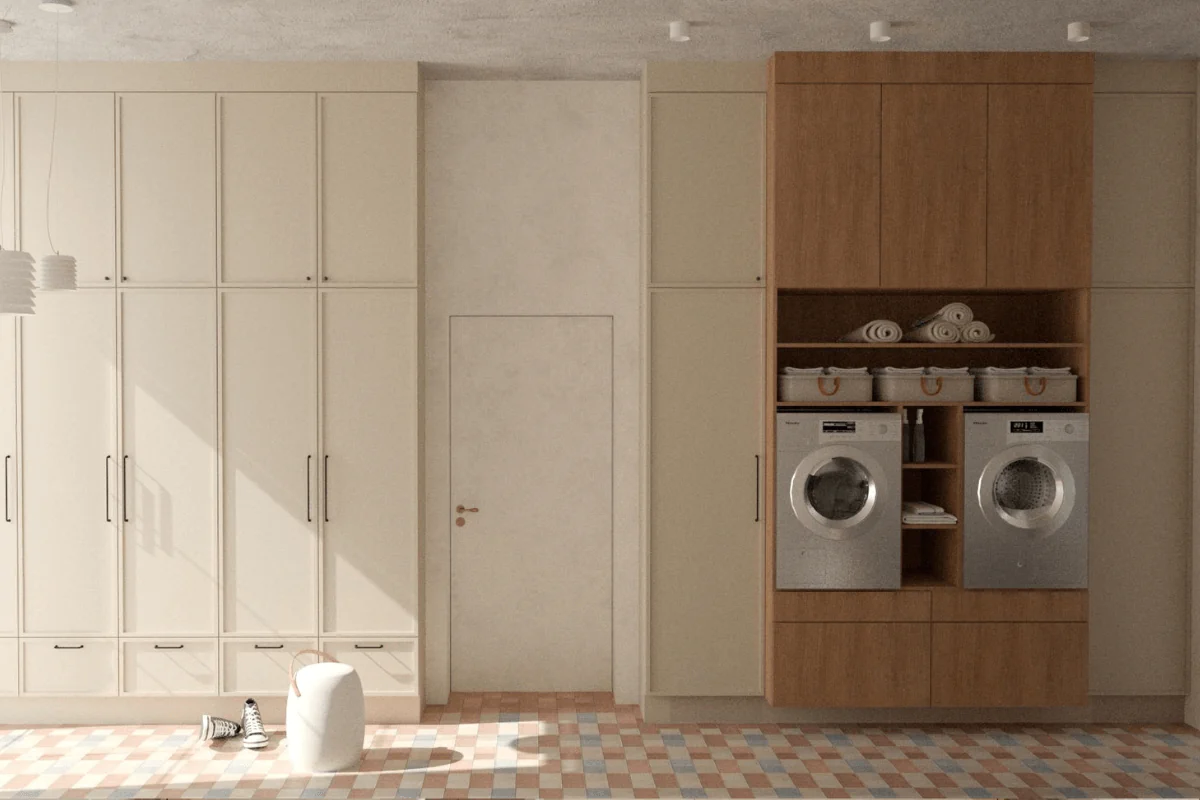 Pralnia w stylu quiet luxury i soft minimalizm z vintage dodatkami.