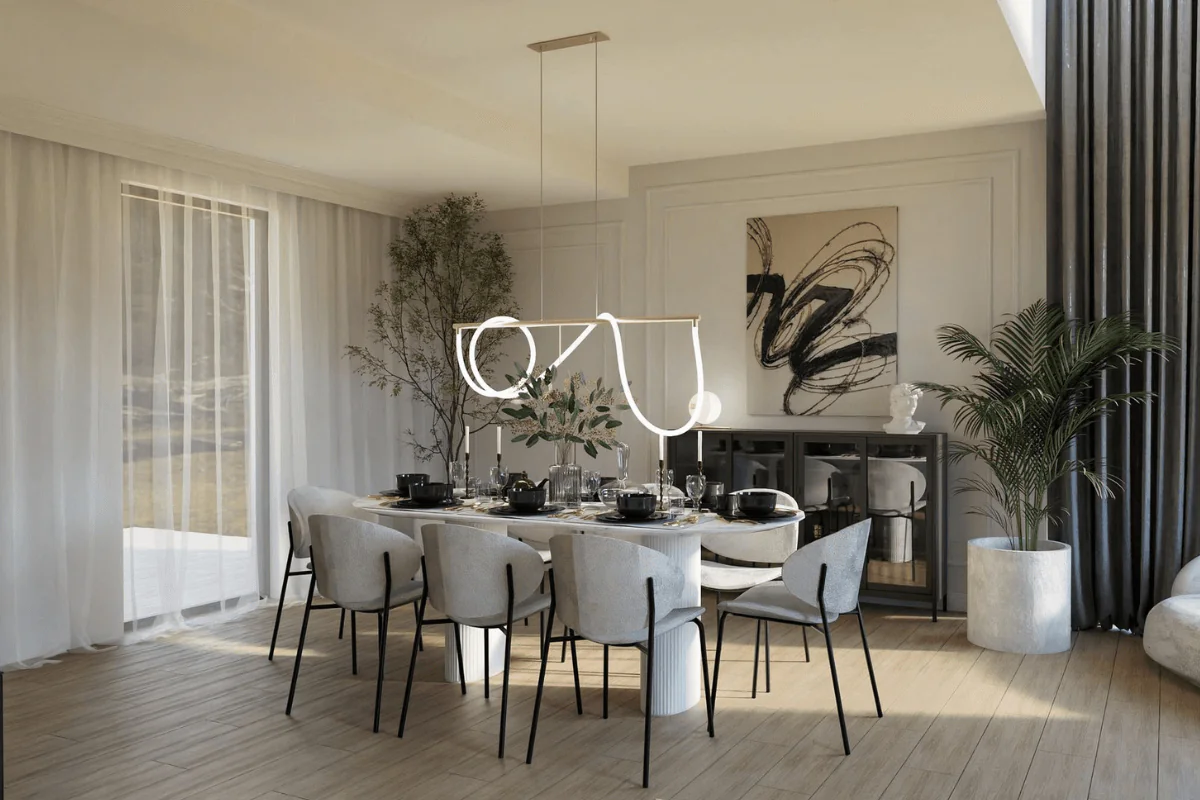 Nowoczesna jadalnia z designerskim żyrandolem, dużym stołem jadalnianym, eleganckimi krzesłami, roślinami w doniczkach oraz dużymi oknami wpuszczającymi naturalne światło