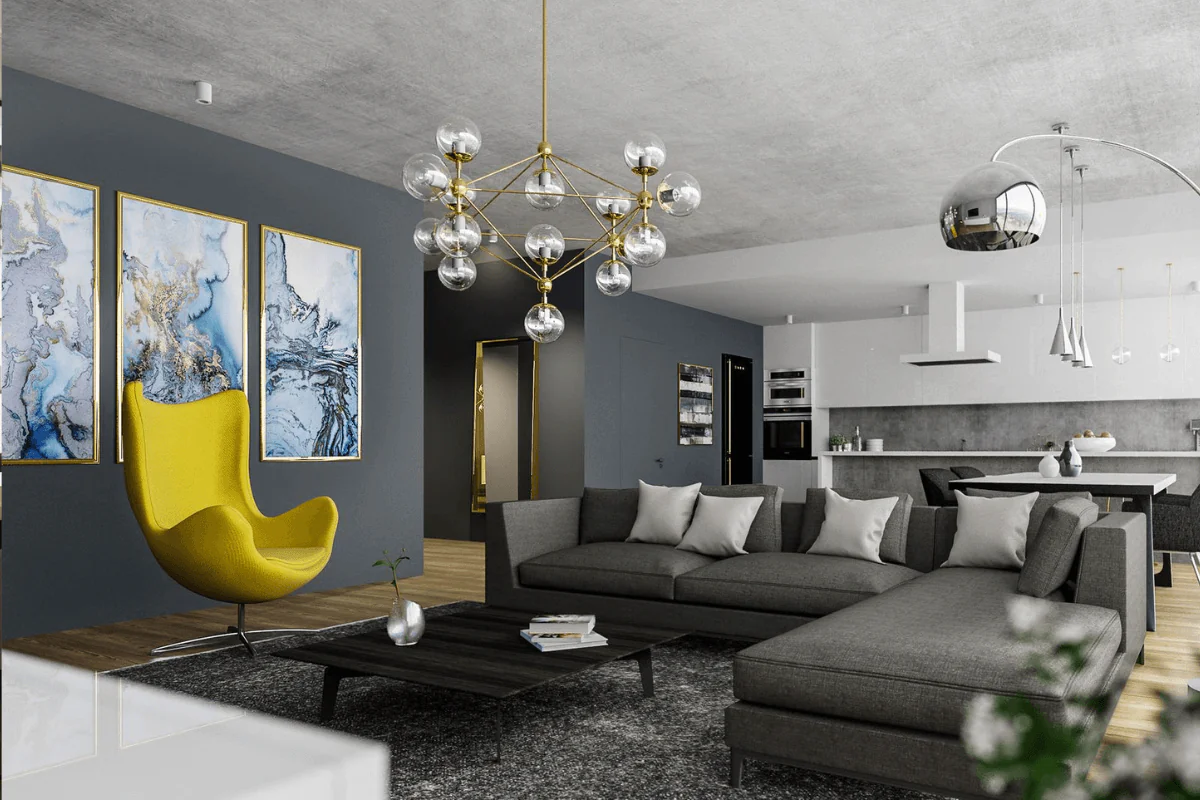 wnętrze salonu w ciemnych odcieniach z żółtym fotelem