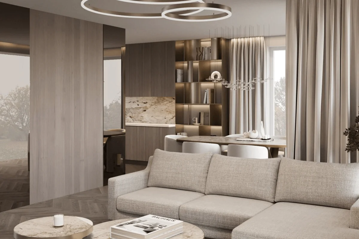Wnętrze salonu w stylu glamour z beżową sofą, drewnianymi akcentami i nowoczesnym oświetleniem.