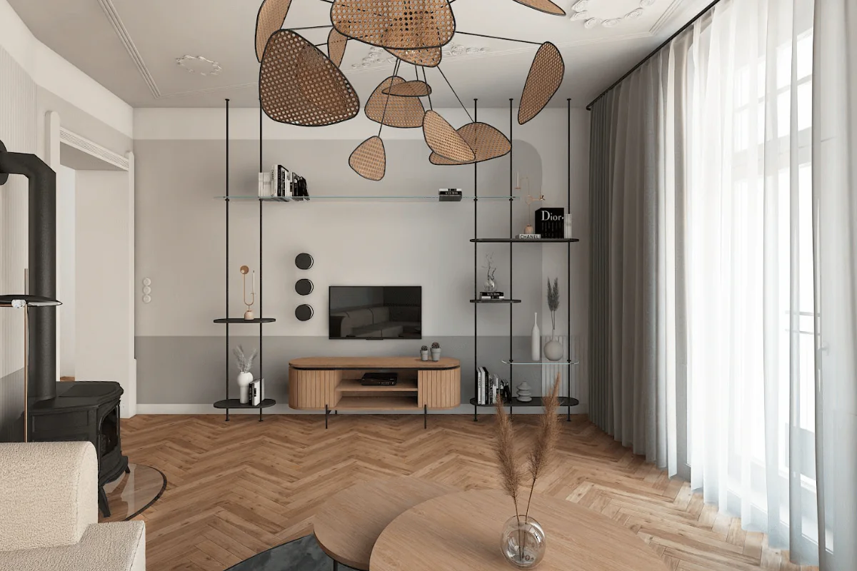 Wnętrze salonu z drewnianymi meblami, szarościami i elementami dopamine decor.