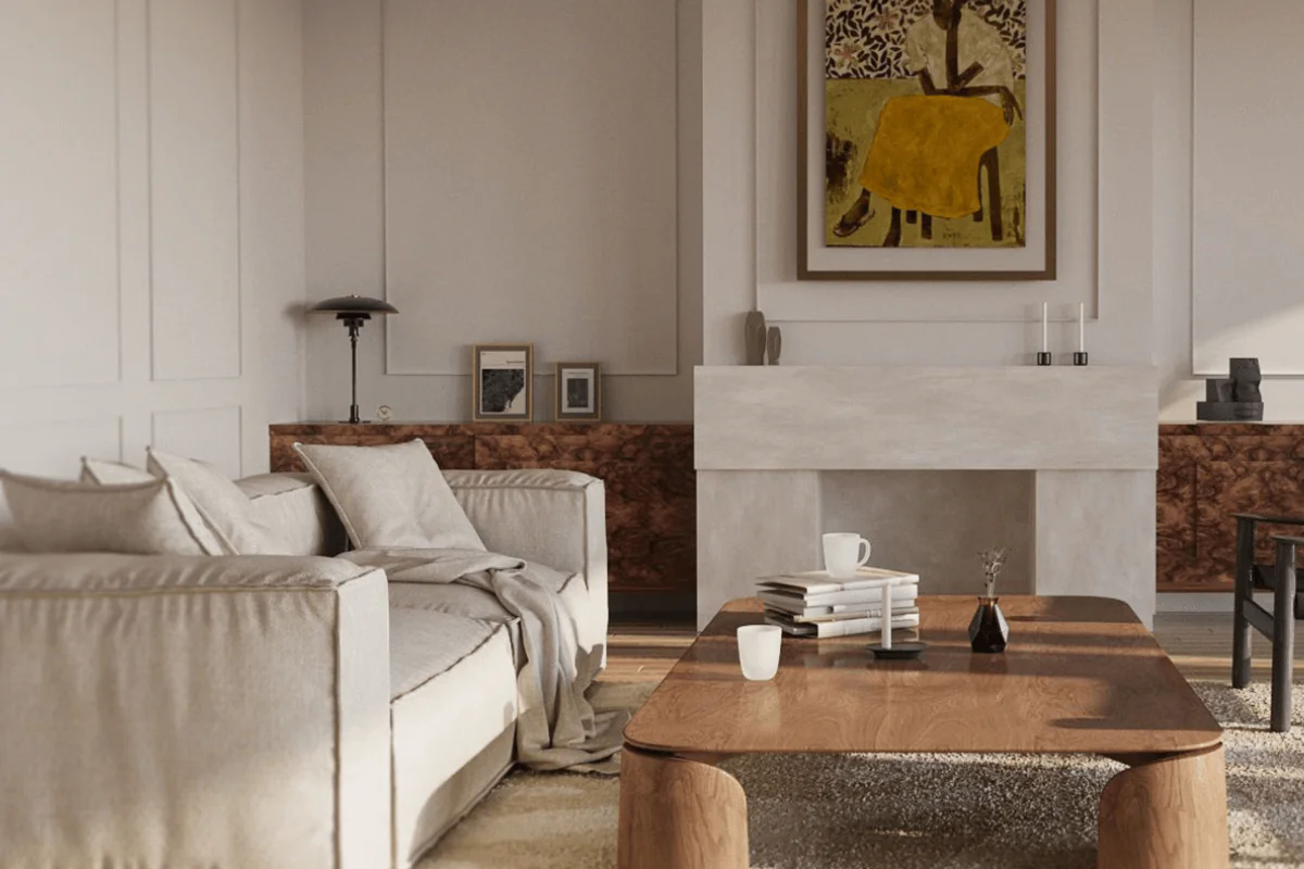 Wnętrze salonu w stylu skandynawskim z jasnymi meblami i drewnianym stołem.