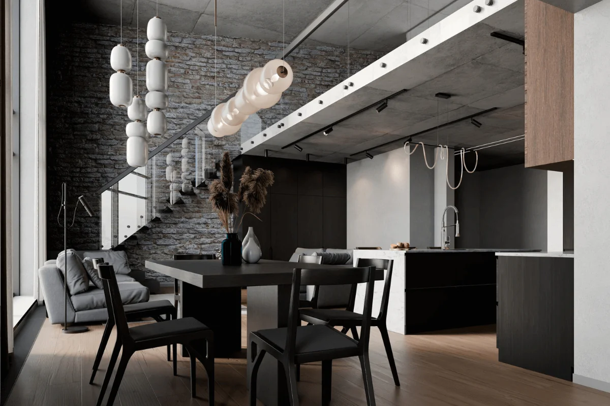 Wnętrze jadalni w stylu industrialnym z drewnianym stołem i czarnymi akcentami.
