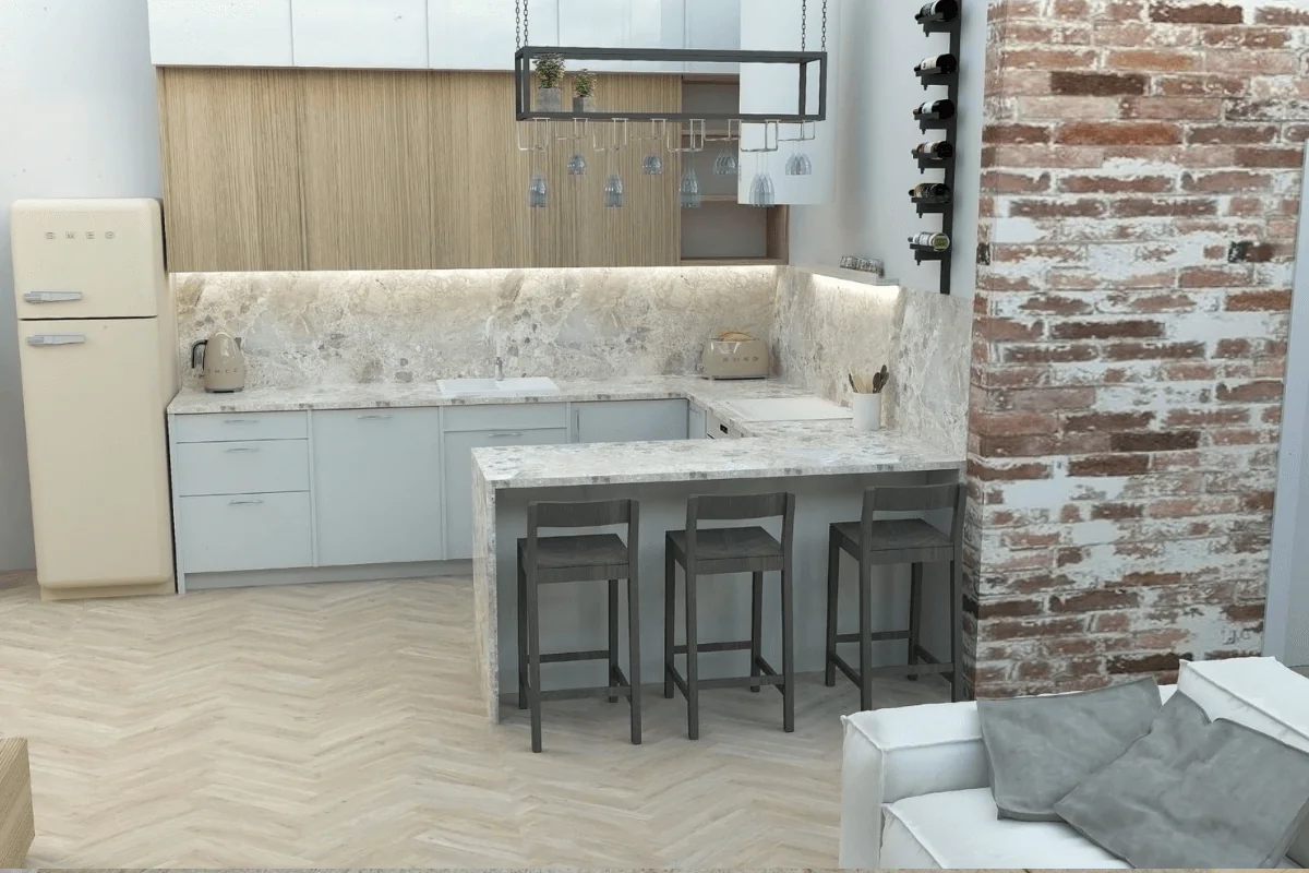 Kuchnia w stylu industrialnym i nowoczesnym z beżowymi meblami, marmurowym blatem oraz ceglaną ścianą.