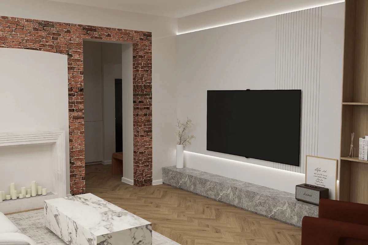 Wnętrze salonu z ceglaną ścianą, szarym kominkiem i telewizorem