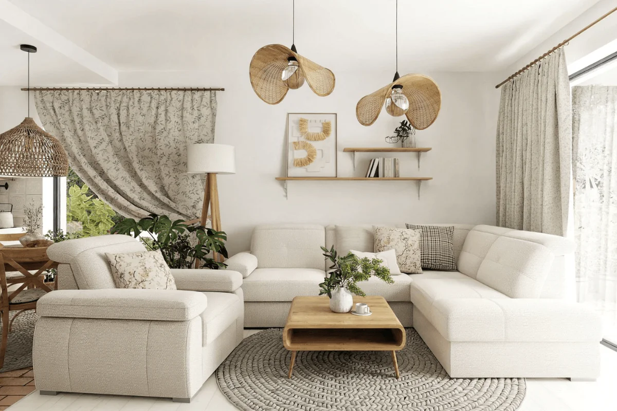 Wnętrze salonu w stylach boho i vintage z jasnymi meblami i roślinami.
